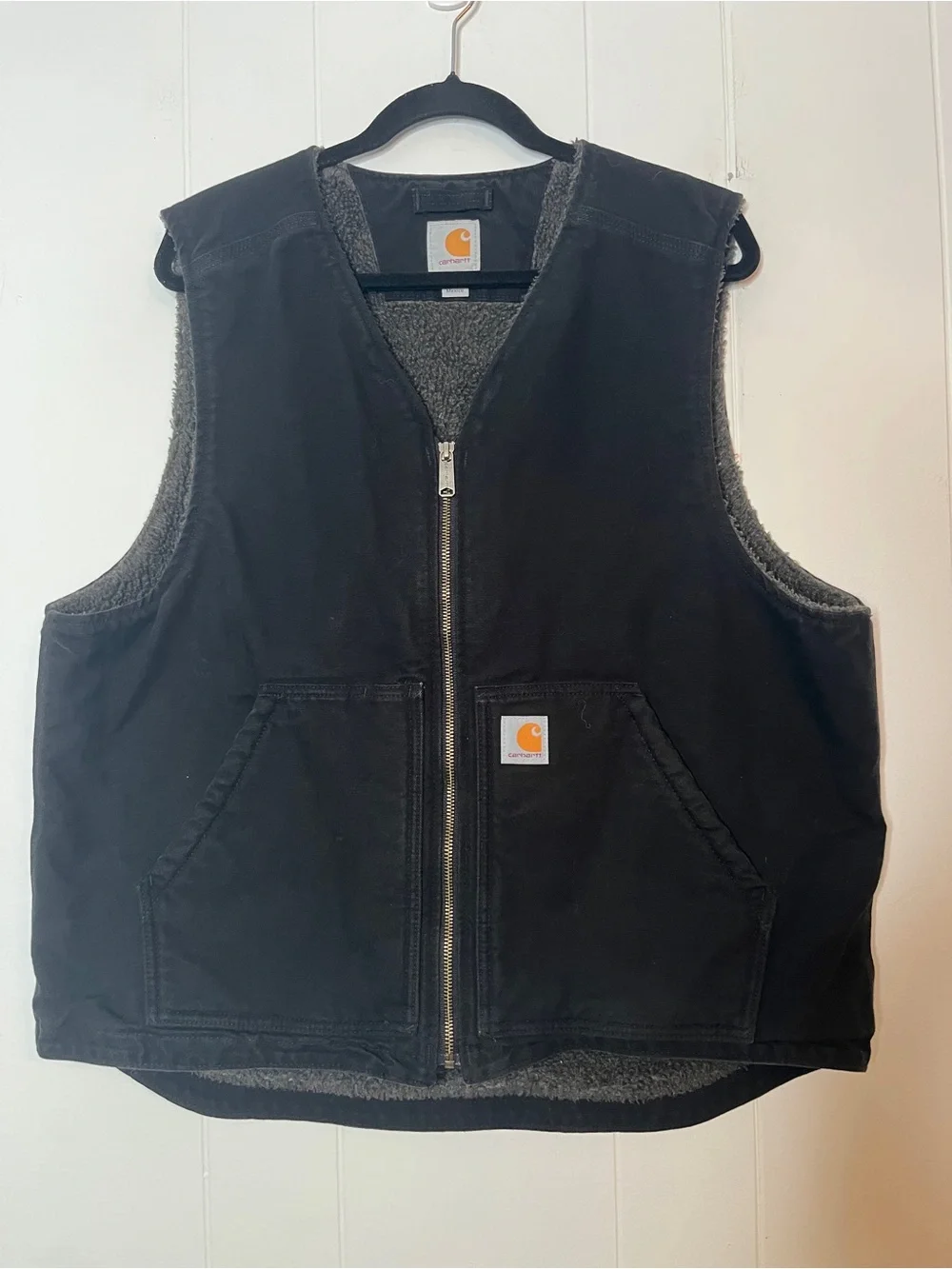 Carhartt Black Cotton Canvas Sherpa-Lined Vest Zip Front V-Neck Men's L